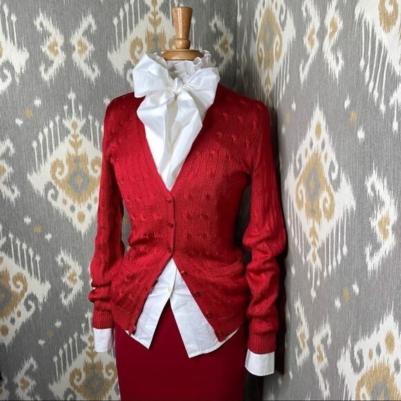 Ralph Lauren Red Tussah Silk Cable-Knit Cardigan Sweater - Picture 10 of 16